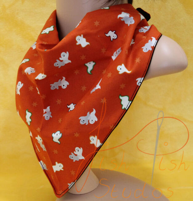 Glowing Ghosts an XL bandana with little glowing ghosts on a red background. The fabrics are polycotton. The design is XL at 36 inches, making it a great fashion accessory or something to decorate your fursuit. handmade in the UK by fishpish studios