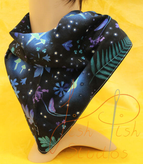 Glowing Forest an XL bandana with glowing mushrooms and forest leaves on a black background. The fabrics are polycotton. The design is XL at 36 inches, making it a great fashion accessory or something to decorate your fursuit. handmade in the UK by fishpish studios