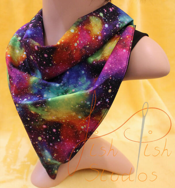 Galaxy Bandana an XL bandana in a multi colour galaxy print. The fabrics are polycotton. The design is XL at 36 inches, making it a great fashion accessory or something to decorate your fursuit. handmade in the UK by fishpish studios