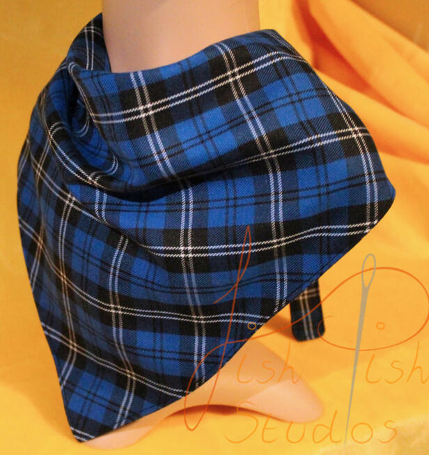 Blue Tartan Bandana an XL bandana in a blue tartan colour. The fabrics are polycotton. The design is XL at 36 inches, making it a great fashion accessory or something to decorate your fursuit. handmade in the UK by fishpish studios